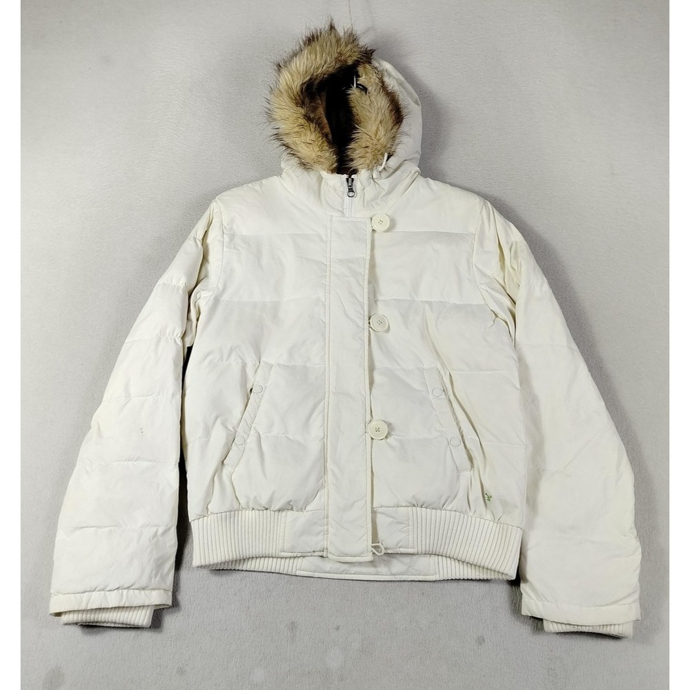 American Eagle Outfitters Jacket Womens Medium White Hooded Down Puffer Faux Fur